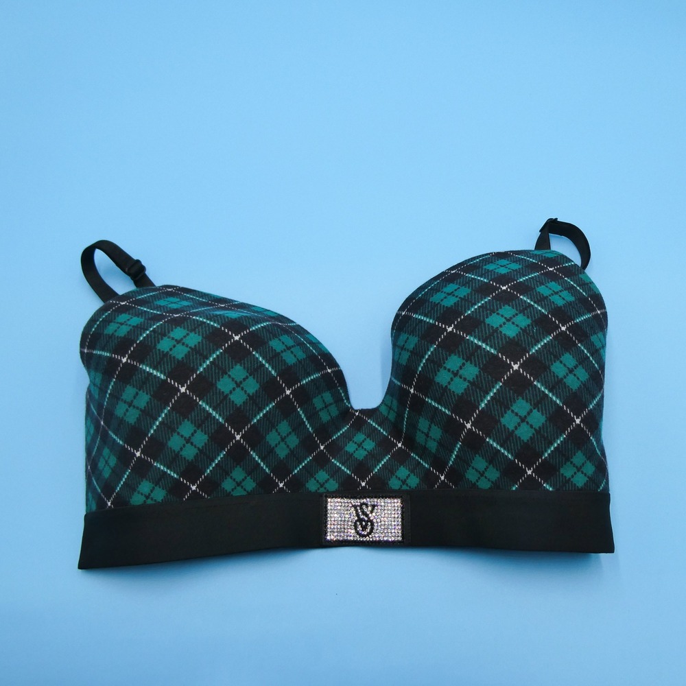 Victorias Secret T-Shirt Bra Womens 32DDD Wireless Green Plaid Rhinestone Cotton